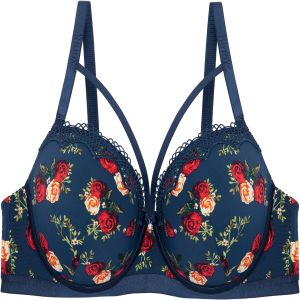 Binnys Premium Quality Navy Blue Bra,Rose Floral Print Lingerie, with Water-Soluble Lace, Chest Straps, and Fixed Pads, for Evening Parties, Full-Coverage Women Underwire Bra 