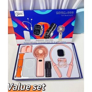 Smartwatch Combo Value Gift Set – Smart Watch, Wireless Neckband Earphones, Power Bank, Rechargeable Hand Fan & Portable Flashlight Torch