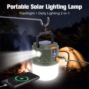 Solar Rechargeable Camping Lantern with Flashlight, USB Power Bank, Type-C Charging, Portable Outdoor Emergency Light