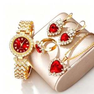 Luxurious golden crystal 5-piece jewelry watch set - watch + necklace + ring + earrings