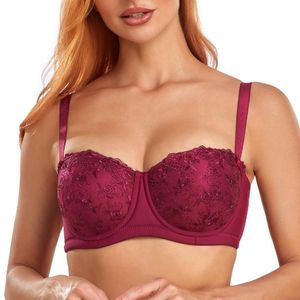 Binnys Elegant Wine red Design Fixed Padded Balconette Bra featuring Lace Bows Underwire and Side Smoothing for Special Occasions Ladies Brassiere 