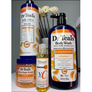 Disaar Dr Teals-Vitamin C Body lotion+ Vitamin C Body wash+Shea Sugar Scrub & Vitamin C Body oil.