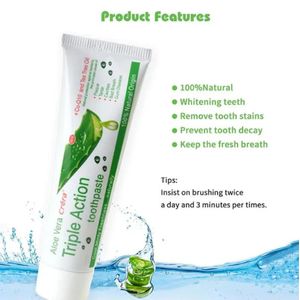 Powerful Tripple Action Toothpaste, Aloe Vera Tooth Plaque Stain Remover Toothpaste, Anti Bacteria & Bad Breath Remover Toothpaste - Tooth whitener Oral Hygiene Cleaning - Protection Against Bacteria - 100ML