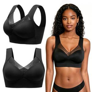 SHJO Bra Women's Seamless Daily Commute Home Sleep Wear Polyester Fabric Wirefree Push Up Breathable Mesh Non-Slip Comfort Underwear Black 2-Pack