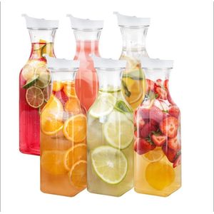 Plastic carafes with flip-top lids. 