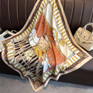 China Vision NEW IN SATIN SILK SCARF FEATURING AN ORANGE, YELLOW, AND WHITE GRAPHIC LUGGAGE AND HANDBAG PRINT 