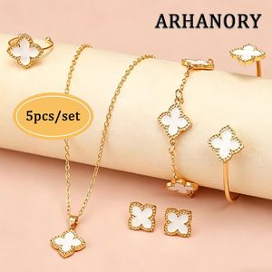 ARHANORY 5pcs Set Lucky Clover Jewelry Set Ladies Necklace Bracelet Adjustable Ring & Earrings Women Pendant Chain - White