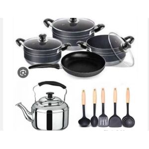 Non-Stick Cookware Set 3 Pcs 20/22/24cm + 24cm Fry Pan + 4L Whistling Kettle + 5-Piece Cooking Spoon Set