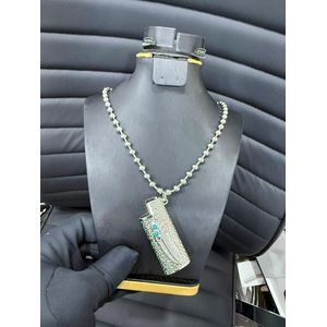 Textured Lighter Pendant Necklace – Silver-Tone with Turquoise Accents on Ball Chain