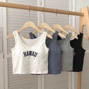 HAWAII" Embroidered Ribbed Crop Tank black