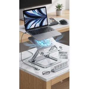 Ergonomic Laptop Stand with Cooling Fan V5.1 – Adjustable Height Aluminum Laptop Holder for Desk, Fits Up to 17.3 Inch Laptops and Tablets