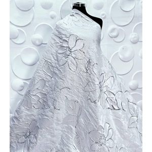 Damask Brocade Fabric White & Silver Abstract Vine Design for Asoebi & Occasion Wear. 