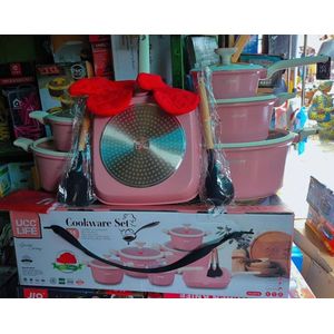 UCC LIFE 16-Piece Granite Cookware Set (Pink) + free gift