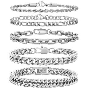 Yiliker 5pcs 21cm Stainless Steel Bracelets for Men Women Cuban Link Rope Paperclip Chain Bracelets Set 8.3 Inches Metal Bracelet Mens Fashion Accessories Jewelry Set