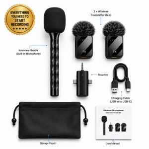 Wireless Lavalier Microphone with Interview Mic Handle – Dual Mini Mic for iPhone (Lightning) & USB-C Android Phones, Plug & Play, Noise Reduction, Rechargeable for YouTube, TikTok, Podcast, Live Streaming & Church
