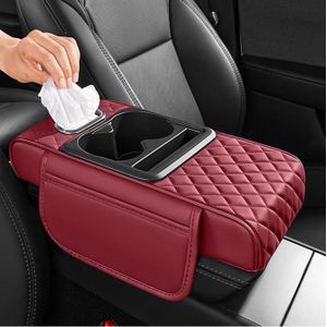 Universal Car Armrest Cushion With Cup Holder & Tissue Box - Burgundy 