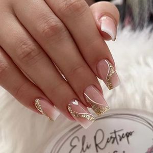 Elegant Gold Glitter French Tip Press On Nails with White Heart Accents (24pcs)