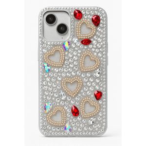 Luxury Gold Heart & Red Crystal iPhone Case for iPhone 12/13/14/16 Series – Full Rhinestone Sparkle Cover with 3D Beaded Hearts