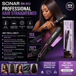 Sonar SONAR SN-853 Professional Ceramic Hair Straightener – Fast Heat-Up Flat Iron with High Temperature Performance, Smooth Frizz-Free Styling, Even Heat Distribution & Ergonomic Design for Straight, Silky, Salon-Quality Hair