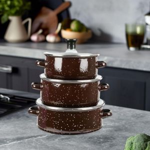 3-Piece Enamel Stew Pot Set with Lids -  Easy-to-Clean, Reusable, Portable Thermal Cooking Pots (Brown)