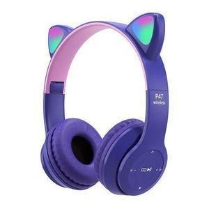 P47 P47M Cute Cat Ears BT5.0 Wireless Headphone Glow Light Stereo Bass Gaming Headset Over-Ear Sports Headsets Gift ( purple )