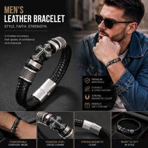 Men's Genuine Leather Braided Bracelet with Stainless Steel Cross - Vintage Magnetic Clasp Wristband - Adjustable Wrist Bracelet for Men - Casual Punk Biker Jewelry Gift