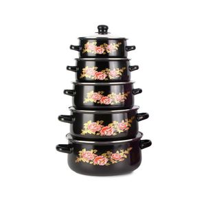 Enamel Cookware Set (5 pieces): Enamel Soup Pot, Stew Pot, Saucepan with Double Handles and Glass Lid - Black