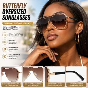 Butterfly Oversized Sunglasses for Women, Fashion Large Frame UV Protection Shades, European INS Style Metal Frame, Gold Frame Brown Gradient Lens