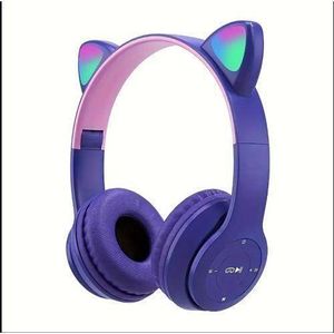 P47 P47M Cute Cat Ears BT5.0 Wireless Headphone Glow Light Stereo Bass Gaming Headset Over-Ear Sports Headsets Gift ( purple)