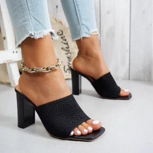 Women’s black Knitted Block Heel Mule Sandals