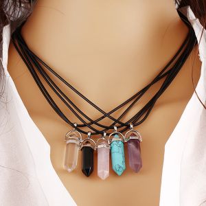 Natural Stone Pendant Necklace Small Rock Quartz Pendulum Amethysts  Citrines Fluorite Pink Crystal Necklace for Women Healing