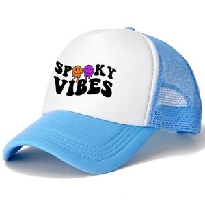 Unisex Spooky Vibes Trucker's Hat - Sky Blue and White