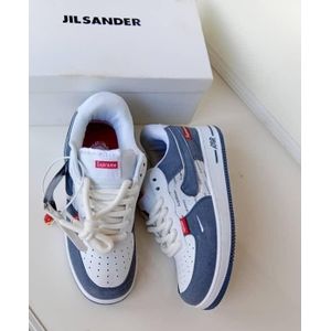 Unisex Low-Top Denim & Leather Skate Sneakers - Blue Denim, White & Red Graphic Accent Non-Slip Shoes