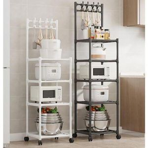 Multi-tier, movable kitchen storage rack with hooks. 