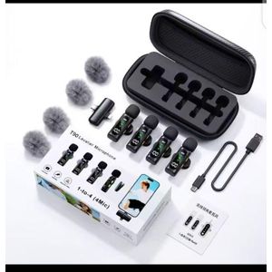 T90 4 in 1 Wireless Microphone, Noise Reduction Collar Mic with Charging Case, Wireless 4-Mic &1 Receiver for Video Recording, YouTube, Facebook, Live Stream for All Type C Android &iPhone