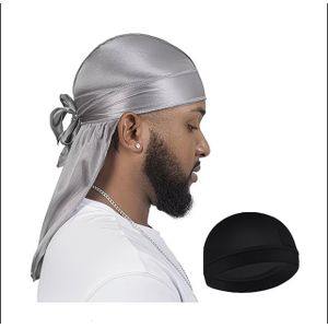 2 SET MEN SILKY DURAG LONG TAIL PIRATE HAT HEADBAND TURBAN DOME WAVE CAP UNISEX WIG CAP ELASTIC BAND SATIN BONNET SLEEP CAP
