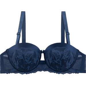 Binnys Elegant Selection Navy Blue Underwire Fixed Padded Balconette Bra featuring Satin Splicing and Cutout Center for Weekend Parties Women's Demi Bra