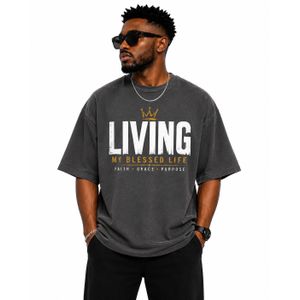 DAMBA Living My Blessed Life Oversized T-Shirt – Premium Unisex Streetwear Round Neck Graphic Tee (GREY)