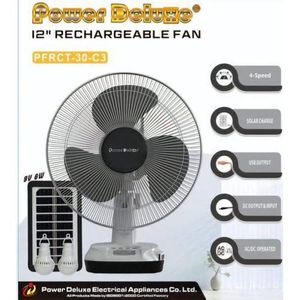Fan  Power Deluxe 12" Rechargeable Solar PFRCT-30-C3, 4-Speed, USB Output, AC/DC, 2 LED Bulbs - 6W