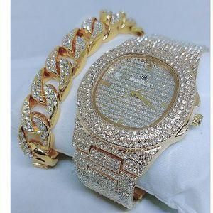 DS Stone Iced Men"s Wristwatch Hand Chain Cuban-Gold