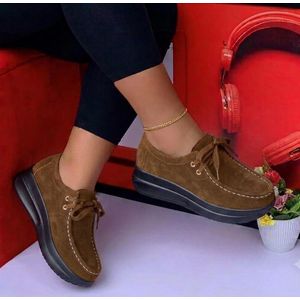 Women's Suede Platform Moc-Toe Casual Shoes - Chestnut Brown & Black Non-Slip Walking Loafers