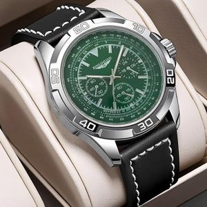 BINLIHUAN Men's High End Business Watch 3ATM Water Resistant Luxury Formal Casual Wristwatch Green Dial Leather Strap