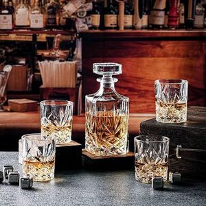 Whiskey/ Cocktail/ Vodka/ Liquor 5 pcs Glass Set>>4 Glass Cups And 1 decanter glass jar for pouring and Storing drinks 