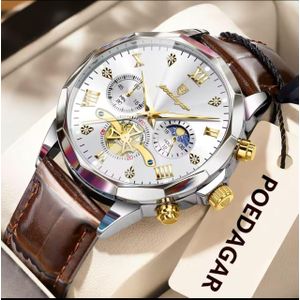 POEDAGAR Brown Color Luminous Genuine leather chronograph wristwatch