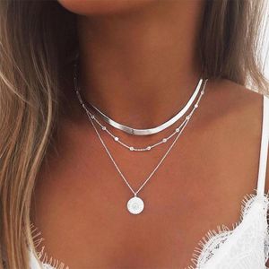 Silver Layered Choker Necklace Set – Alloy Lotus Pendant Multi-Strand Necklaces