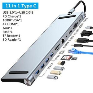 11 In 1 Type C Dock USB C Hub 3.0 Splitter Multiport Adapter 4K HDMI RJ45 SD/TF VGA HDMI PD For Laptop