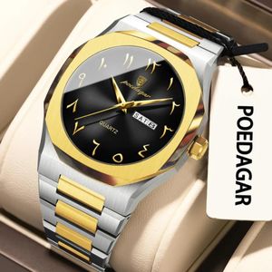 POEDAGAR Black Dial Gold silver Bracelet Strap Arabic Numeral Watch
