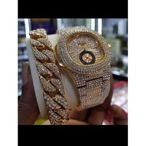 DS Stone Iced Men"s Wristwatch with Cuban Hand Chain-Gold