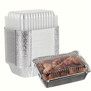 Clo 50-Pack Rectangular Aluminum Foil Baking Pan Lunch Box with Lid Lunch Box Takeaway Lunch Box Aluminum Foil Pan, Suitable for Family Gatherings, Graduation Parties, Takeaway