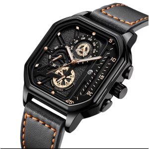 Men's Luxury Square Quartz Watch - Black Leather Strap & Multi-Dial Display